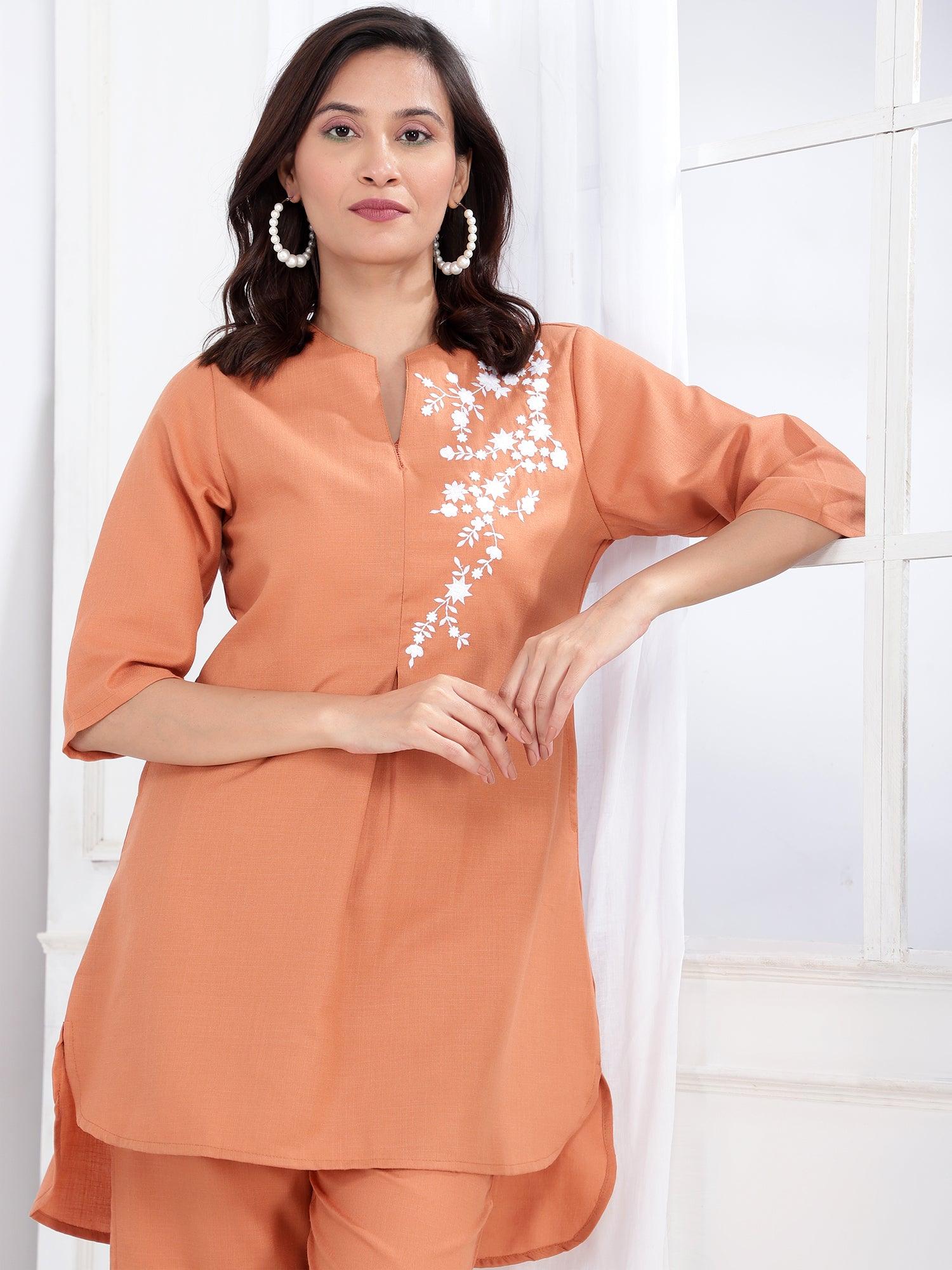 Embroidered V Neck Tunic With Trousers Co-Ords